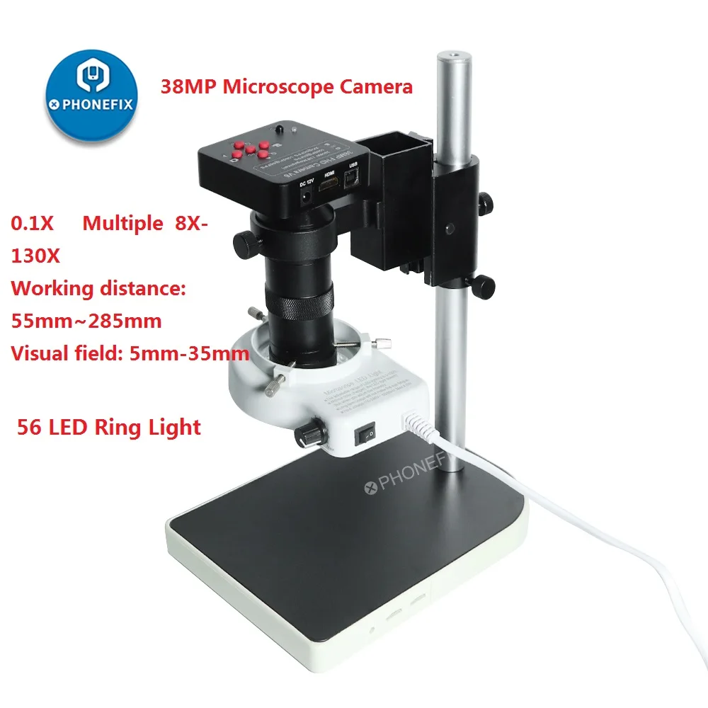 

38MP 1080P 60F/S HDMI VGA Industrial Video Microscope Camera 130X 200X 250X C Mount Lens 56 LED Ring Light For Phone Chip Repair