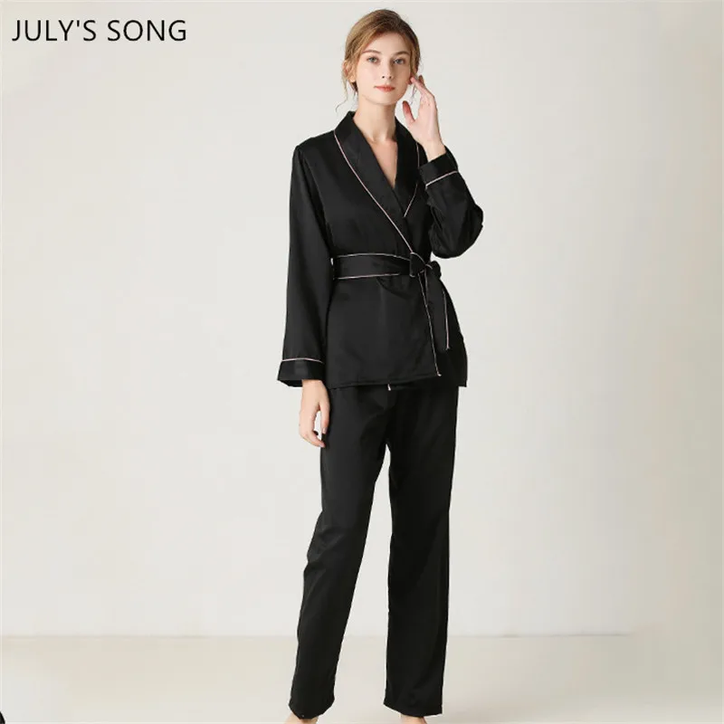 

JULY'S SONG Woman Pajamas Set Satin Silk Spring Sleepwear 2 Pieces Long-sleeved Trousers Pyjamas Suit Lapel Elegant Home wear