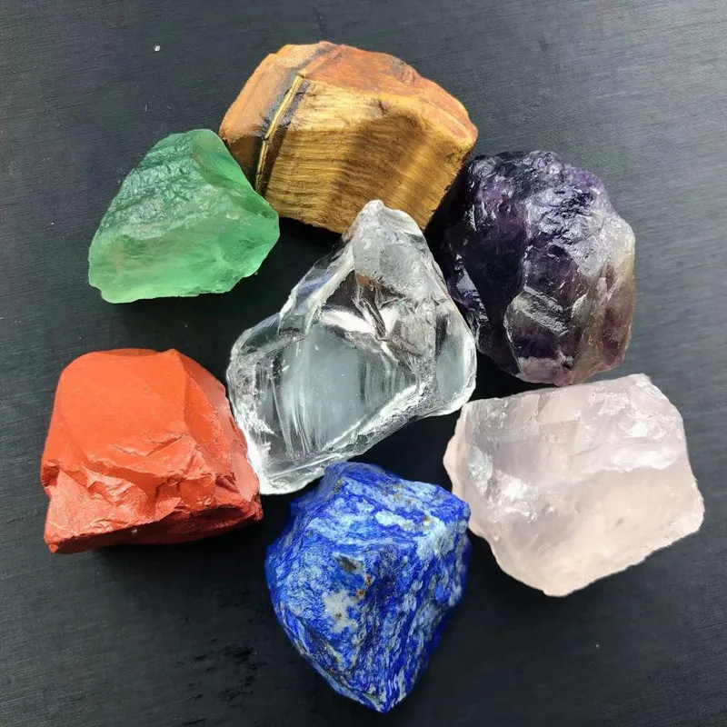 

1 set Natural crystal stone seven chakras Black cloth bag large grain unpolished collection gift
