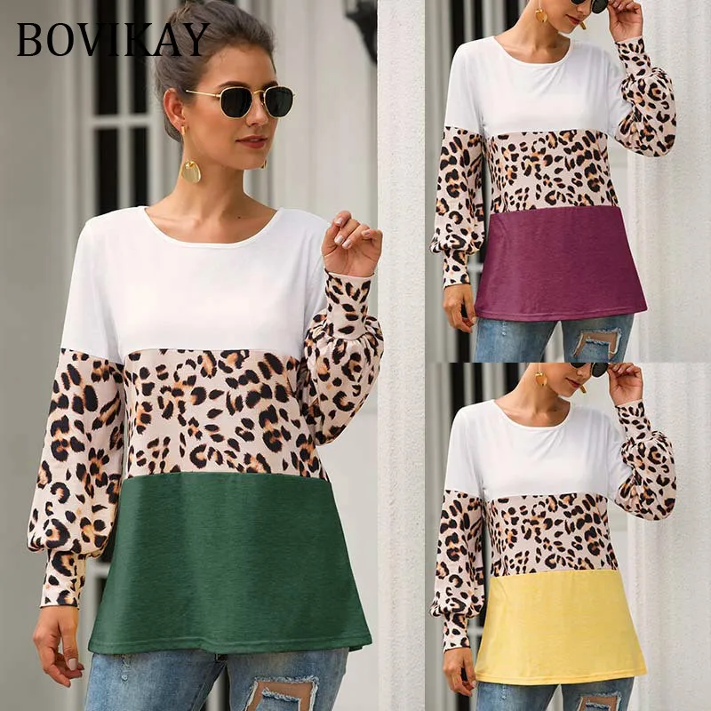 BOVIKAY весна осень Женская футболка леопардовая с длинным рукавом Повседневная