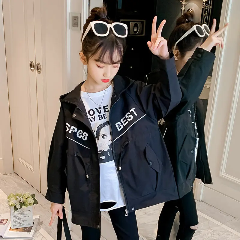 

Big Girls Trench Coats Fashion Hooded Children Jackets For Teen Girls Sports Outerwear Autumn Casual Style Kids School Costumes