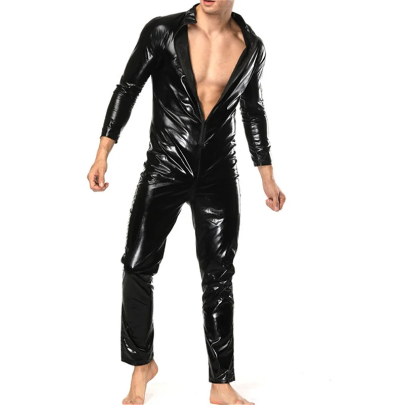 

Mens Undershirts Patend Leather Wetlook Long Sleeve Bodysuit One-piece Jumpsuit Zipper Nightclub Stage Leotard Wrestling Singlet