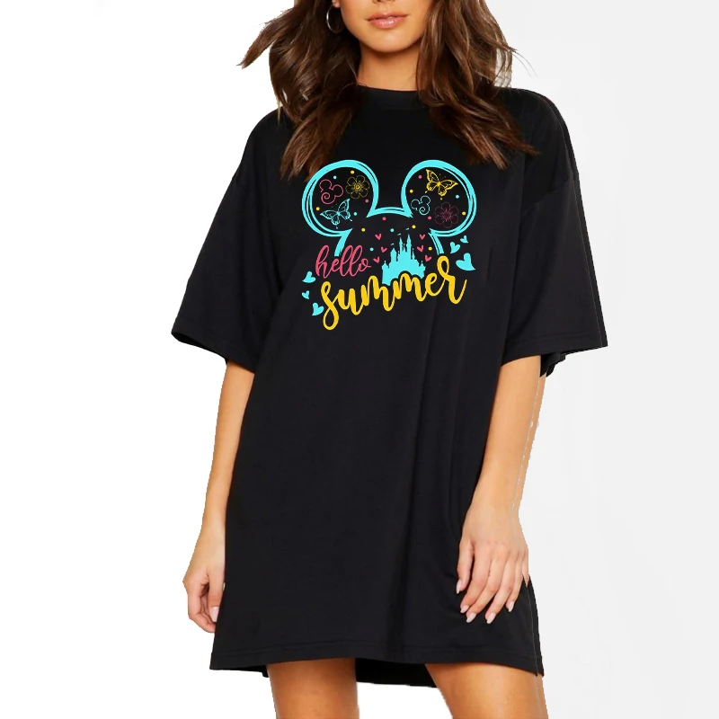 

Summer Tshirt Dresses Casual Lady Beautiful Mickey Cartoon Mini Dress Short Sleeve Casual Loose White Harajuku Robes Vestido New