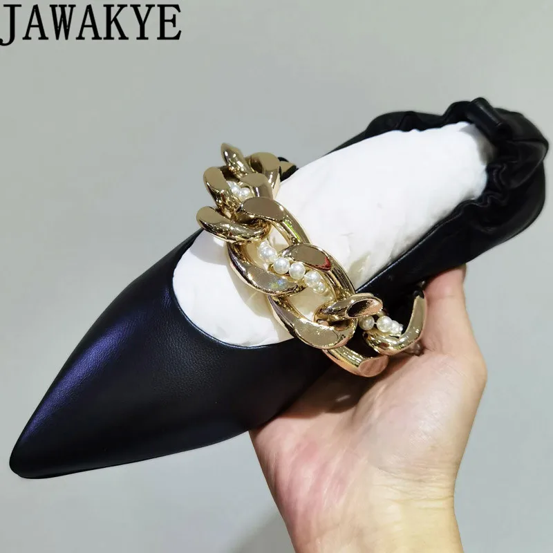 

Туфли женские с острым носком, натуральная кожа, заостренный носок, плоская подошва, украшение жемчуга, цепочка, официальная Повседневная У...