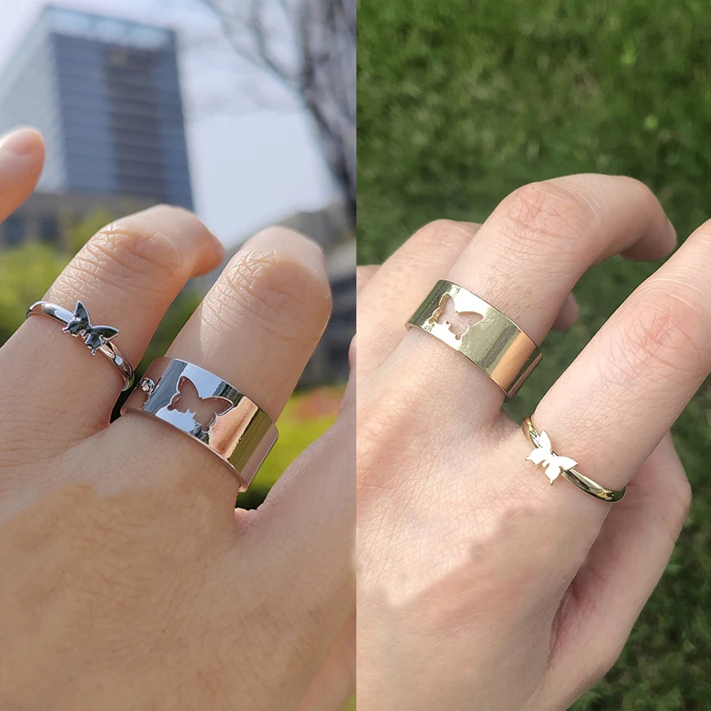 

Trendy Gold Butterfly Rings for Women Men Lover Couple Rings Set Friendship Engagement Wedding Girls Open Rings 2021 Jewelry