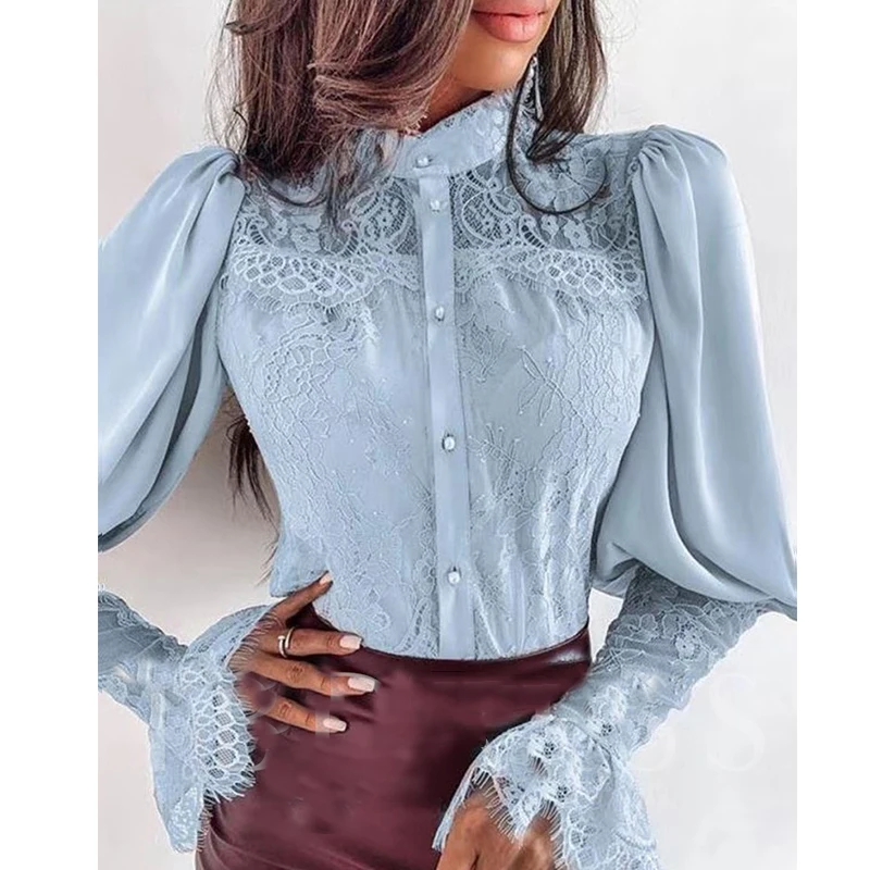 

2022 Petal Sleeve Stand Collar Hollow Out Flower Lace Patchwork Shirt Femme Blusas All-match Women Lace Blouse Button White Top