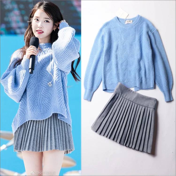 

kpop IU Lee Ji Eun 2022 Autumn Blue loose split lantern sleeves knitted sweater and Grey pleated skirt women sweet two piece set