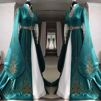 womens long satin formal evening dresses high collar full sleeves prom party gowns lace appliques sweep train wedding robe