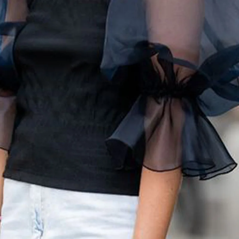 

O Neck See Through Blouses Three Quater Lantern Sleeve Black Tops Shirts Plus Size XXL Office Summer Fashion Blusas for Ladies