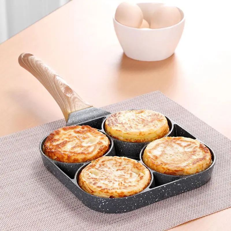 

4 Hole Omelet Pan for Burger Eggs Ham Pancake Maker Wooden Handle Frying Pot Non-stick Cooking Breakfast
