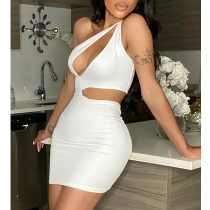 

Donsignet Women Dress Sexy Nightclub Diagonal Collar Hollow Out Sleeveless Women Dress Summer 2021 Fashion Mini Vestido Feminino