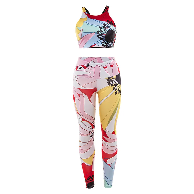 

Women Summer New Fashion Slim Designed Floral Print Sport Suit Female Tight Running Sportswear Ladies High Street Soft Suit M940