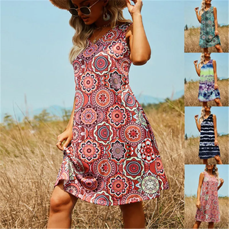 

2021 New Sundress Women Floral A-Line Dress Sexy Sleeveless Beach Party Mini Dress Fashion Stripe Printed Dress Lady Vestidos