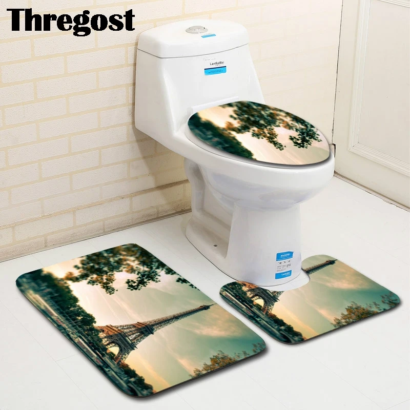 

Thregost Tower Scenic Print Non Slip Bathroom Rugs Shower Carpet 3 Pcs Microfiber Soft Door Mats Footmat Toilet Rug