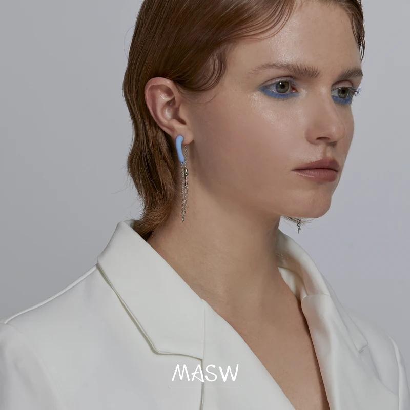 

MASW Original Design Sky Blue Earrings Personality Design Silvery Plating Asymmetrical Chain Pearls Drop Earrings Women Jewelry
