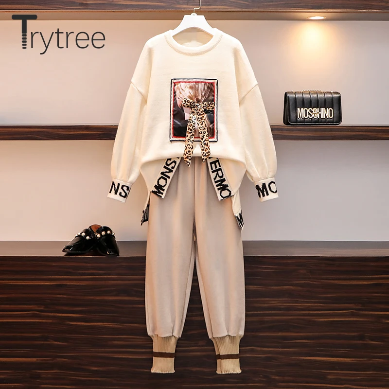 Trytree 2019 осенне зимний комплект из двух предметов Повседневный свитер с круглым