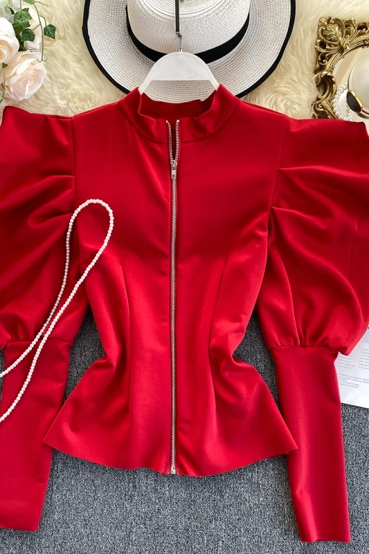 

2020 Sale Promotion Polyester Full Broadcloth Solid Korean Kpop Women's Tops Retro Court Wind Bubble Sleeve Collar Slim Fit