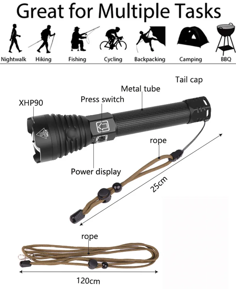 Самый мощный светодиодный фонарик XHP70.2 XLamp Zoom фонарь USB Перезаряжаемый