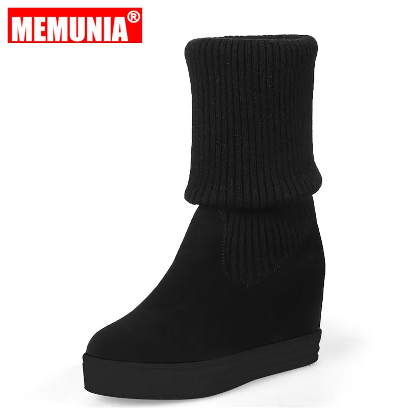 MEMUNIA/три способа ношения женские носки сапоги на танкетке однотонные черные