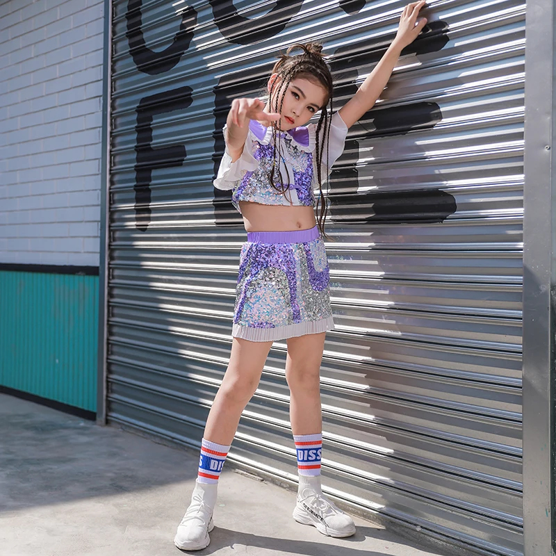 

Kids Hip Hop Costumes Street Dance Outfit Fashion Sequin Top Skirt Girls Cheerleading Clothes Children Modern Stage Wear