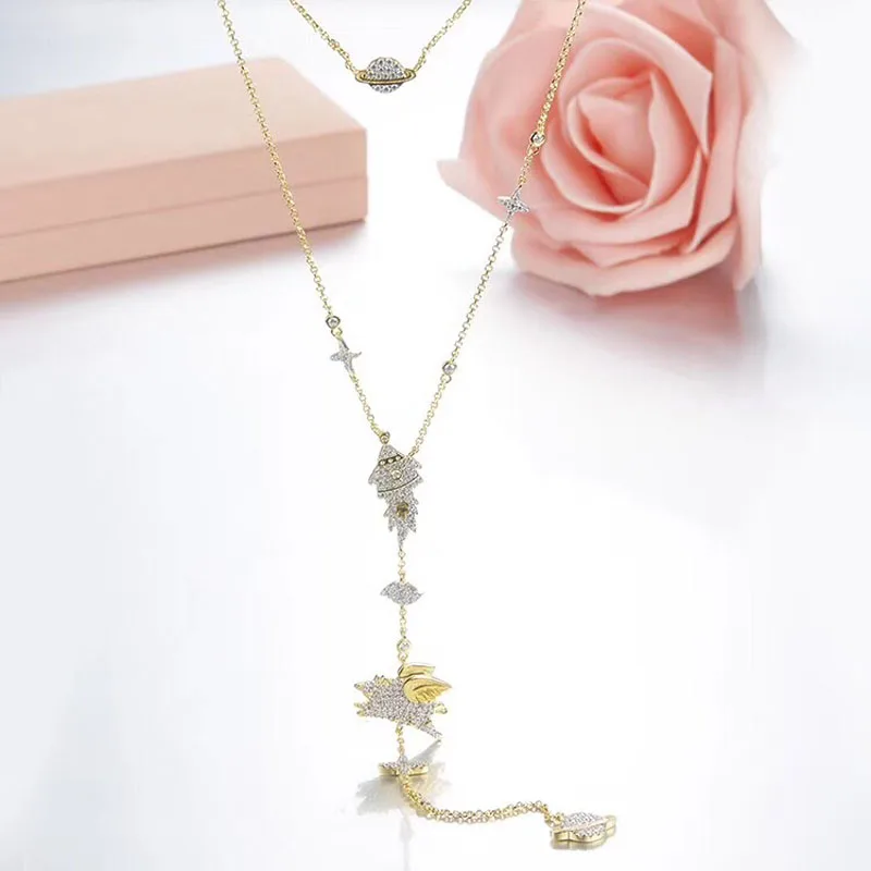 

SOELLE Luxury Long 925 Sterling Silver Planet Rocket Space Flying Pig Multilayer Necklace Cubic Zirconia Gold Fine Jewelry