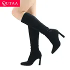 Женские ботинки без застежки QUTAA, черные ботинки до середины икры, на высоком каблуке, с острым носком, из эластичной замши, размеры 34-43, для зимы и осени, 2020