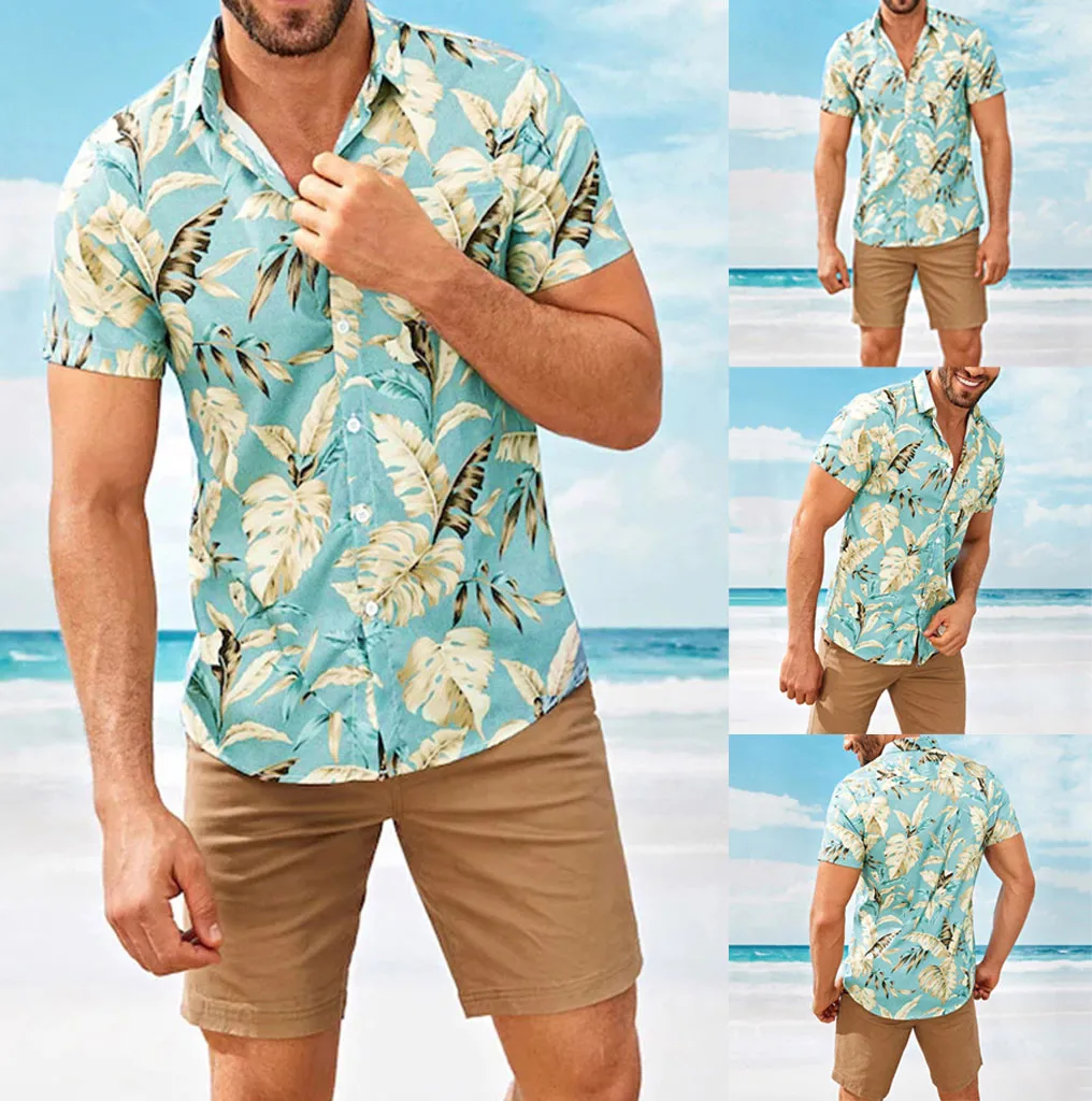 

Men Summer Fashion Stand-up Turn-down Collar Strip Printing Shirt Top Beatch Short Sleeve Blouse Flower рубашка рубашки