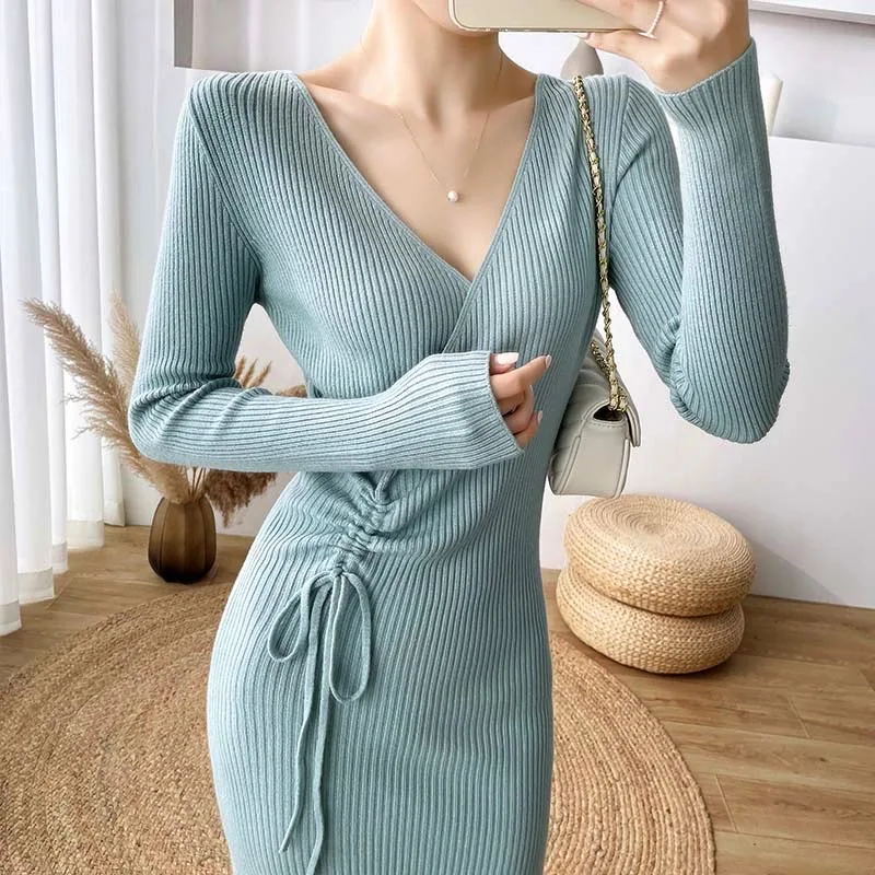 

Deep V-neck Bodycon Knitted Dress For Women Autumn Winter Full Sleeve Slim Waist Female Sweaters Dress Render Vestidos DR039
