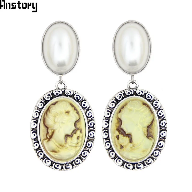 Oval Pearl Earrings Stud For Women Lady Queen Cameo Stud Vintage Look Antique Silver Plated Fashion Jewelry TE492