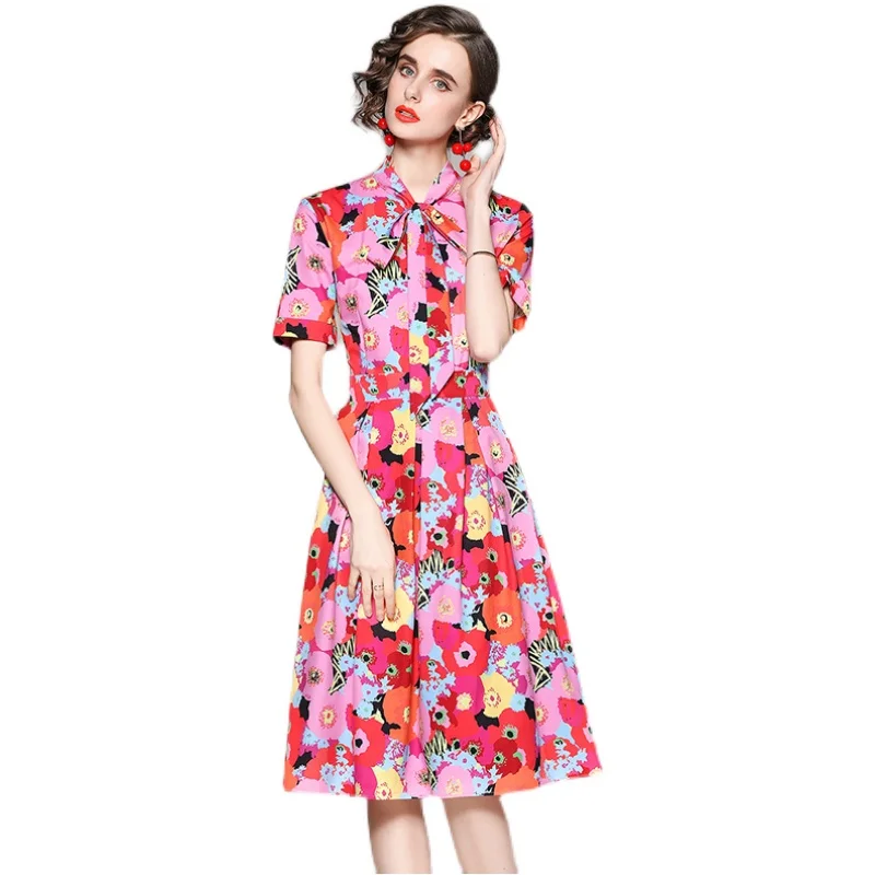 

Fashion All Match High Waist Slim Printed Dress Women Temperament Short Sleeve Lace Bow Tie Clothes