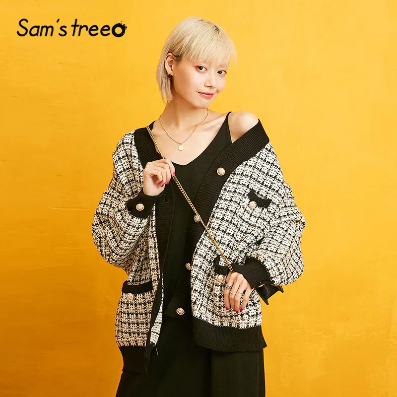 SAM'S TREE клетчатый кардиган на пуговицах с графикой, свитер для женщин, зима, вязанные повседневные офисные женские Топы с длинным рукавом