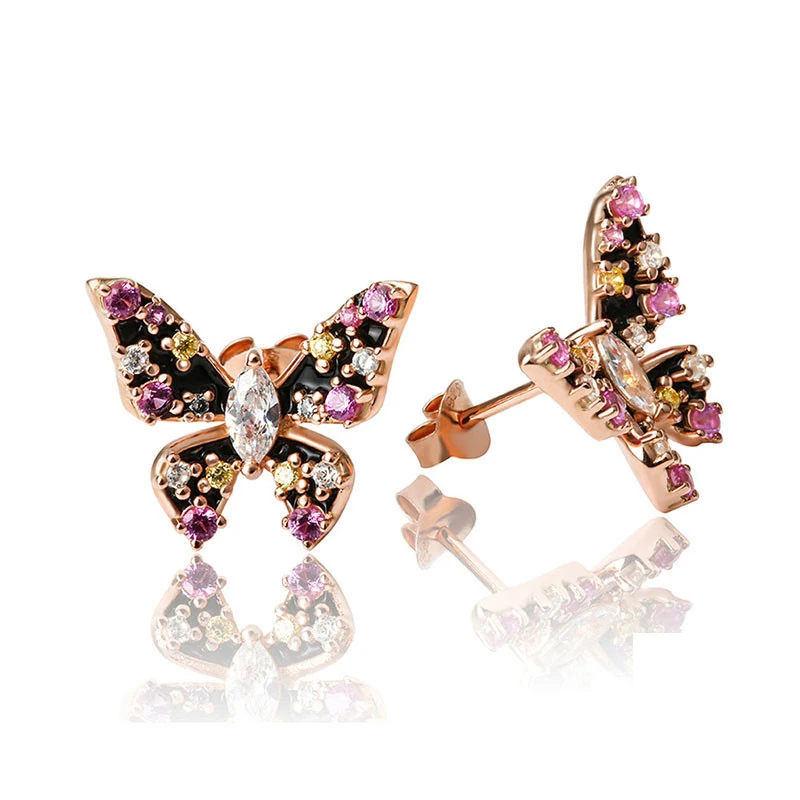 

925 Sterling Silver Beautiful Butterfly Stud Earrings with Colorful Zircon Earring Ladies Boutique Jewelry For Women Party Gift