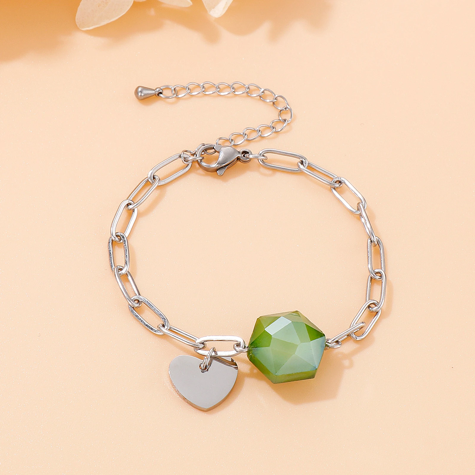 

Multicolor Glass Stone Bracelet For Women Fashion Stainless Steel Heart Accessories Party Jewelry Gift
