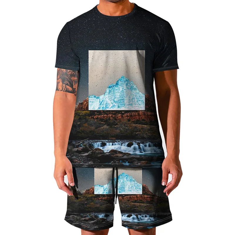 

2021 New Nature Iandscape Summer Casual 3D Printed Men's Fashion Round Neck Short Sleeve + Shorts Two-Piece Suit Streetwear