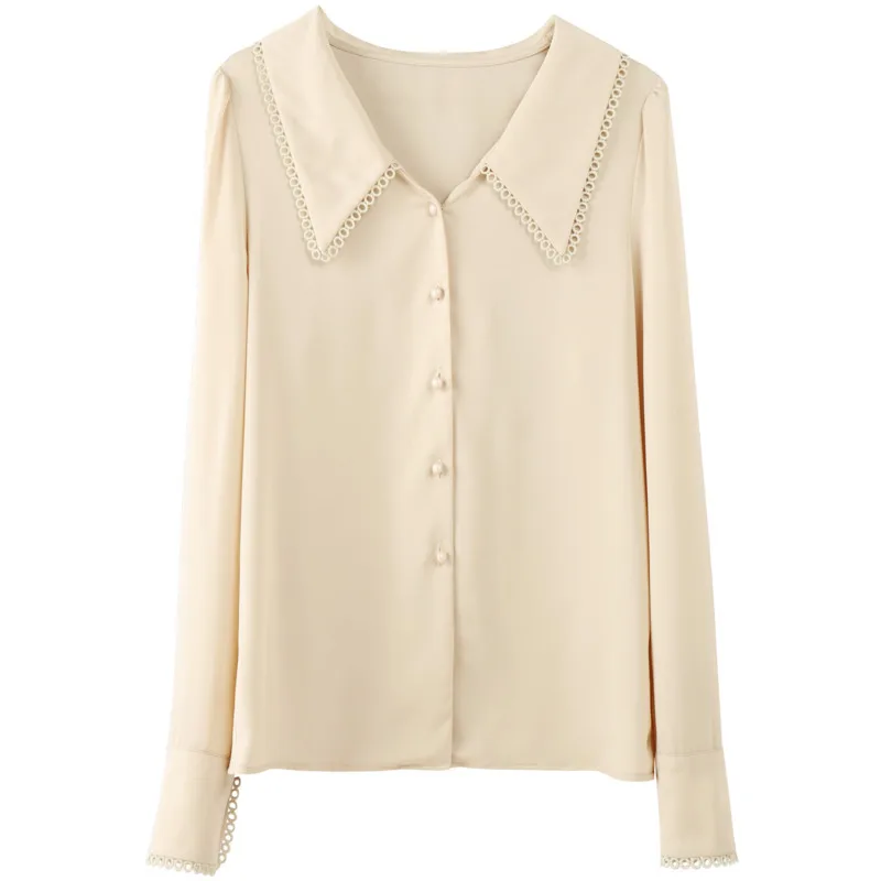 

2021 spring new ladies Korean pure color temperament sexy perspective pleated shirt long sleeve chiffon shirt women