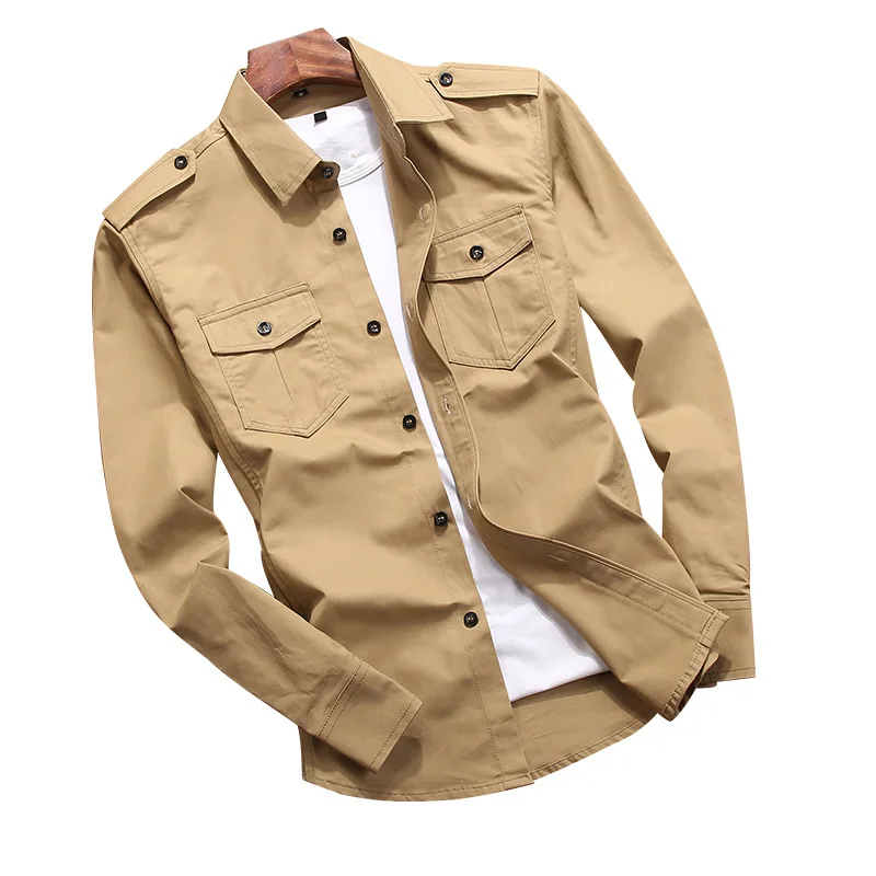 #4739 Khaki Blue Green Casual Military Cargo Shirt For Men Long Sleeves Slim Fit Men's Shirts Cotton Lapel Collar Plus Size 5XL | Мужская