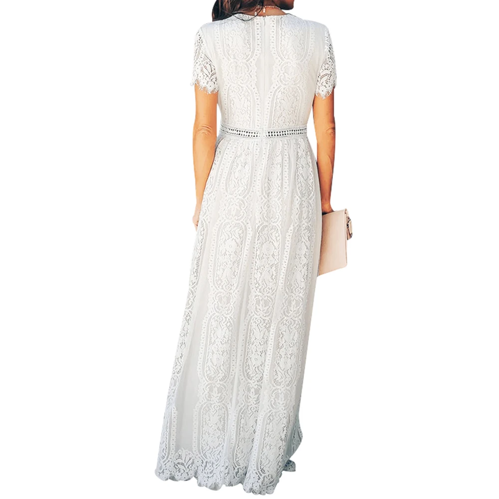 Женское длинное вечернее платье А-силуэта с V-образным вырезом и коротким рукавом