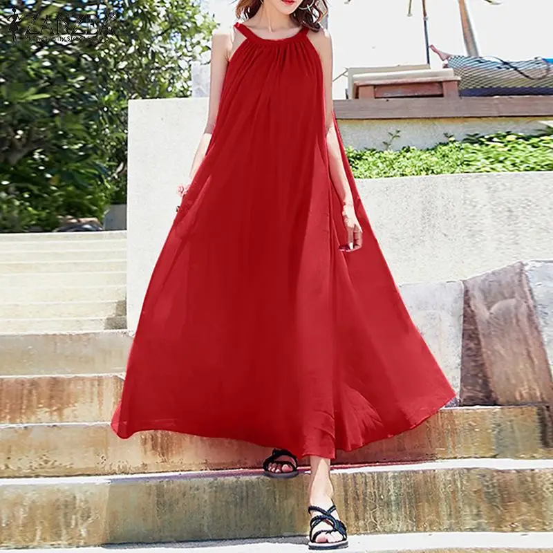 

Женский летний сарафан ZANZEA, богемное Платье макси с лямкой на шее, пляжные шифоновые платья без рукавов, женское повседневное праздничное п...