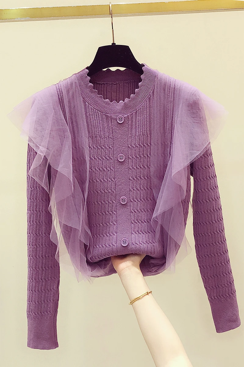 

Sweet Lotus Leaf Mesh Splicing Knitwear 2020 Autumn Winter Women's Purple Sweater Slim Round Neck Long Sleeve Sweaters Jacket