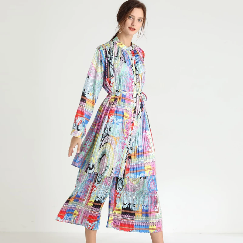 

Women Plus Size Casual Suits Loose Satin Printed Elegant Two Piece Spring New Tops And Pants Elastic Waist High Neck Long Sleeve