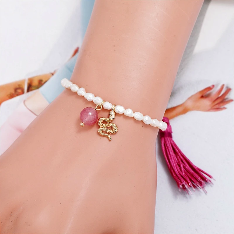 

Bohemia Simulated Pearl Beaded Bracelet For Women Vintage Gold Color Snake Crystal Pendant Tassel Bracelets Jewelry