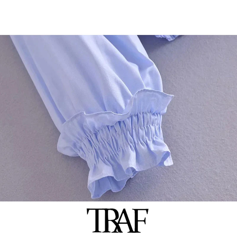 

TRAF Women Sweet Fashion Ruffled Smocked Elastic Cropped Blouses Vintage Three Quarter Sleeve Female Shirts Chic Tops