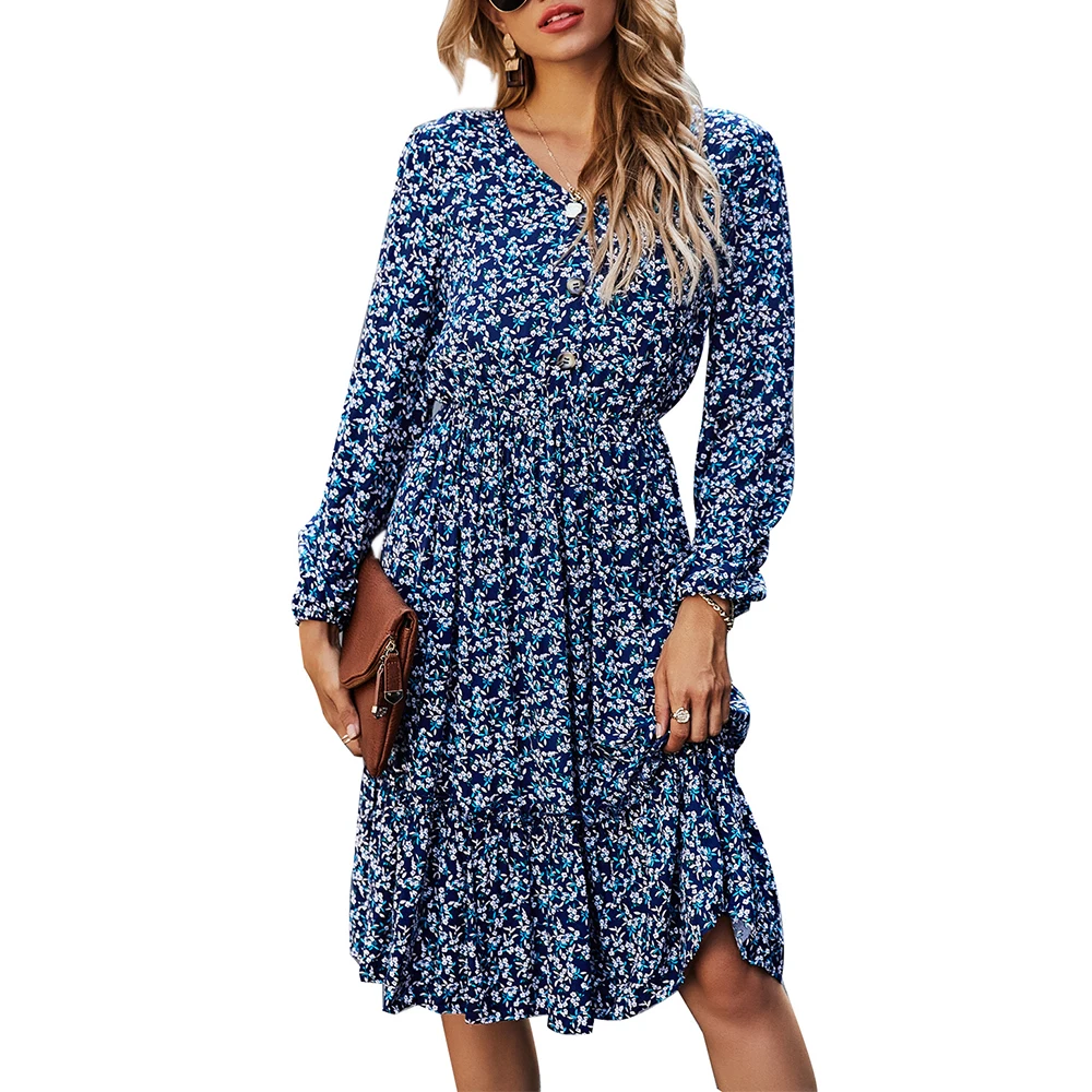 

Womens Retro Floral Printed V Neck Lantern Sleeve High Waist A-Line Dresses Casual Ruffle Hem Swing Midi Dress Vestido Robe