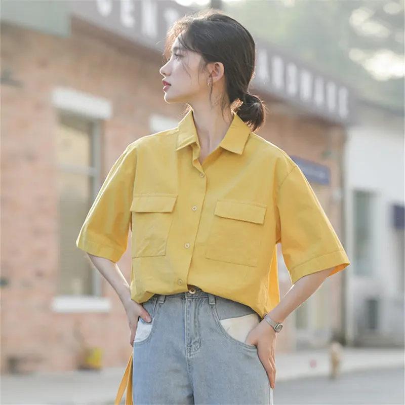 Женская офисная блузка в стиле ретро Однотонная рубашка с отложным воротником и