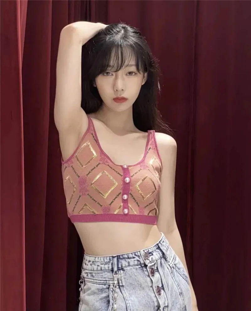 Summer Retro Diamond Plaid Tank Bright Silk Jacquard Sexy Strapless Top Slim All-match Short Sling Knitted Vest for Women