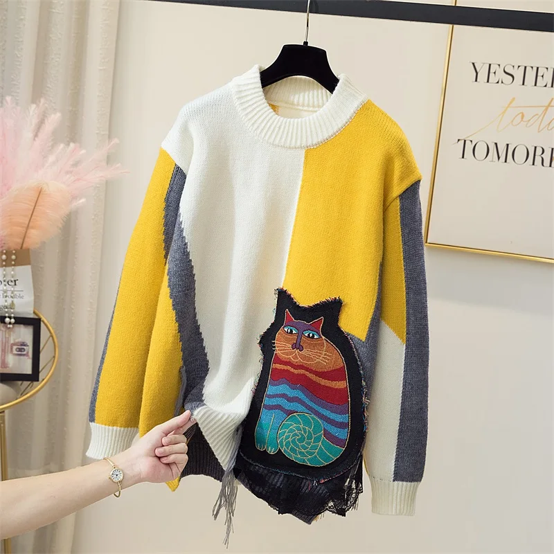 

Cartoon embroidery Patchwork Cashmere Sweater Women Loose Casual Knitted Pullovers Autumn Soft Knitwear Female Retro Jumper chic