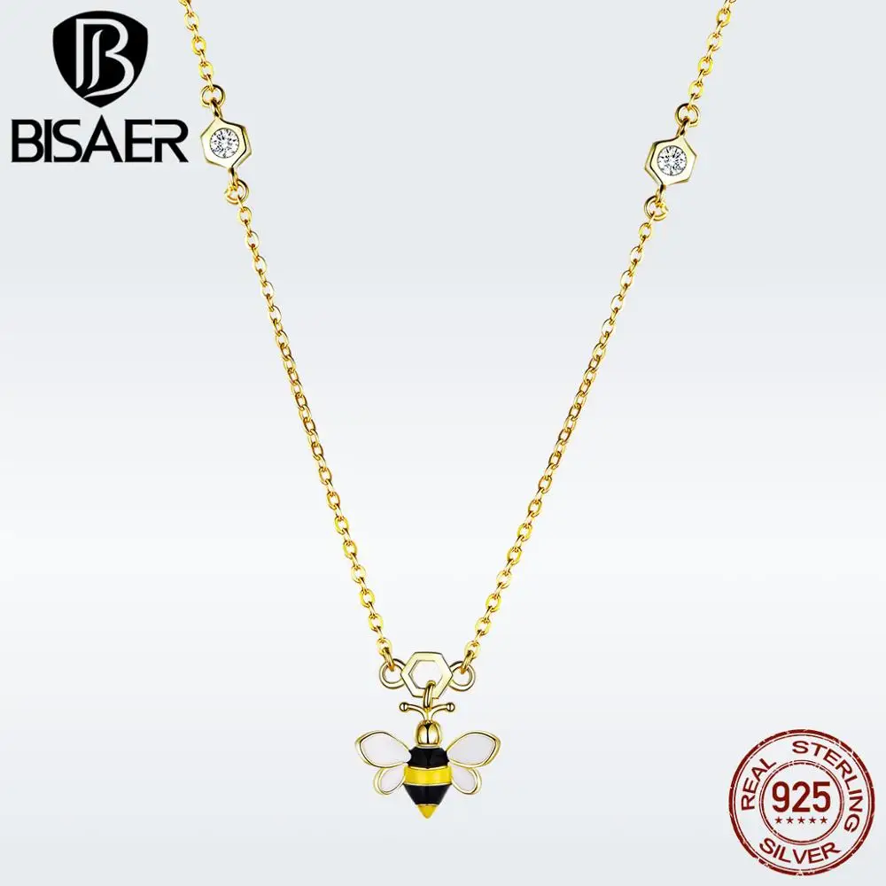 BISAER, Горячая 925 пробы, серебро, золото, цвет, дизайн, милое ожерелье с кулоном «пчела» для женщин, изготовление ювелирных изделий, подарок, колье GAN050