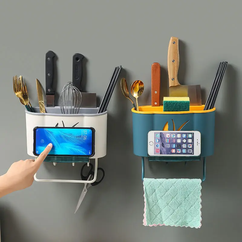 

Multifunctional Cutter Storage Rack Drain Tray Chopstick Box Household Kitchen Wall Mounted Storage Rack
