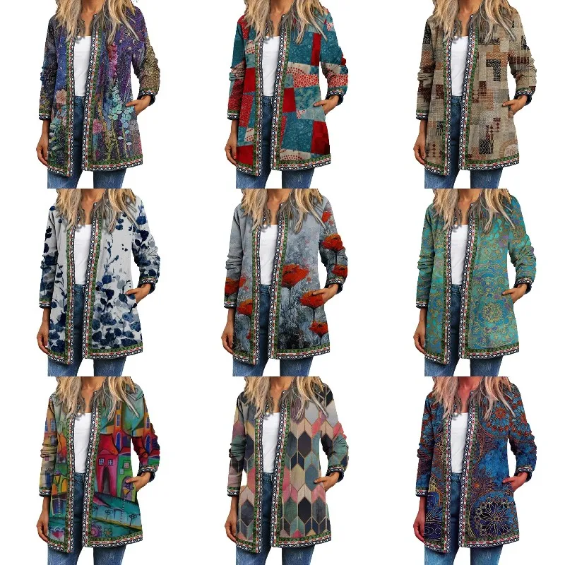 

Женский винтажный кардиган с цветочным принтом, свободная куртка-туника в этническом стиле с длинным рукавом, верхняя одежда для осени и зи...