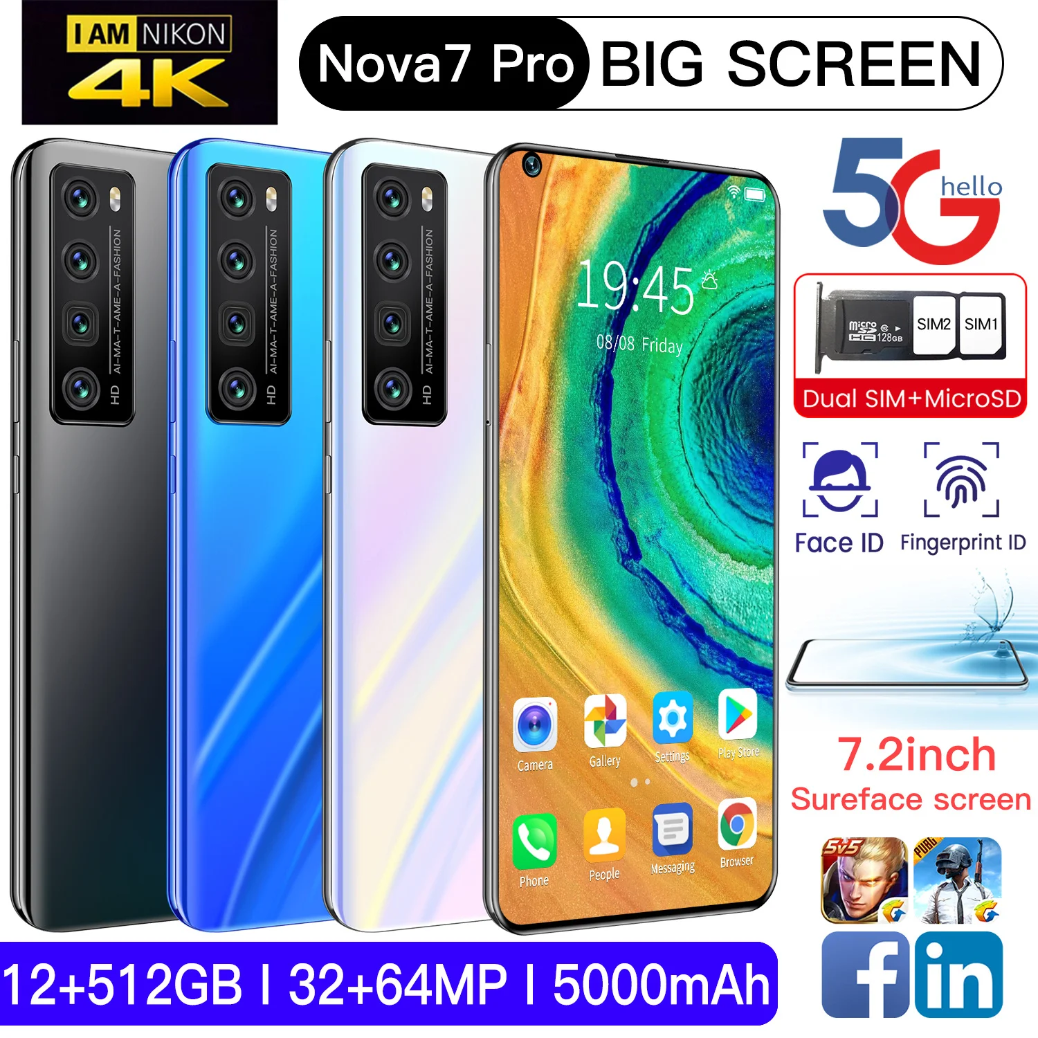 

Cellphone HUAWA Nova7 Pro Global Version 12G+512G Android10 7.2Inch 32+64MP 5000mAh 5G Deca Core Undefined Mobile Phone